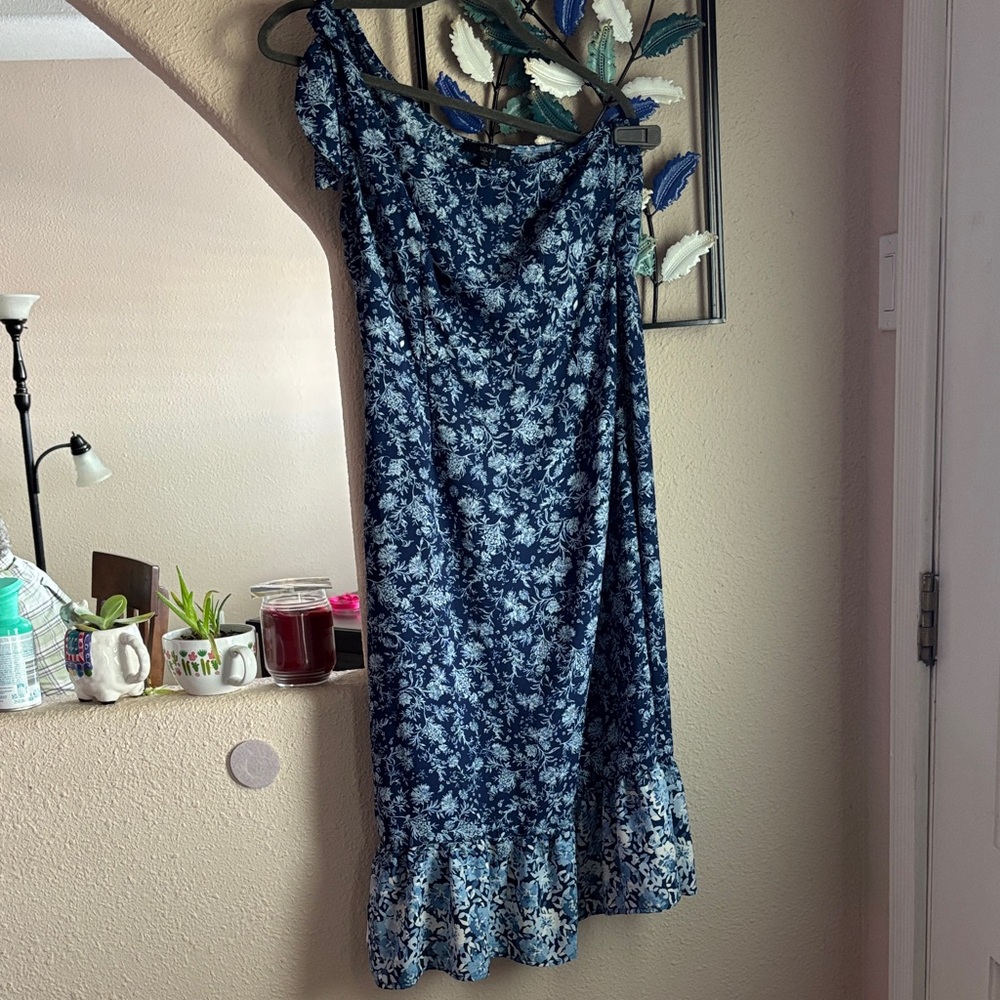 Summer Blue one shoulder Floral Ruffle-Hem Women's Dress